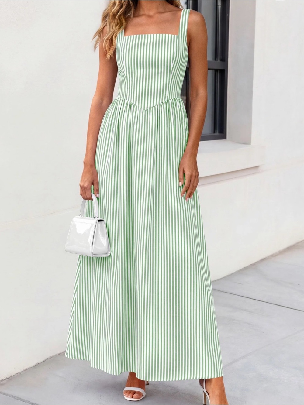 NWOT PrettyGarden Green White Stripe Smocked Maxi Dress S